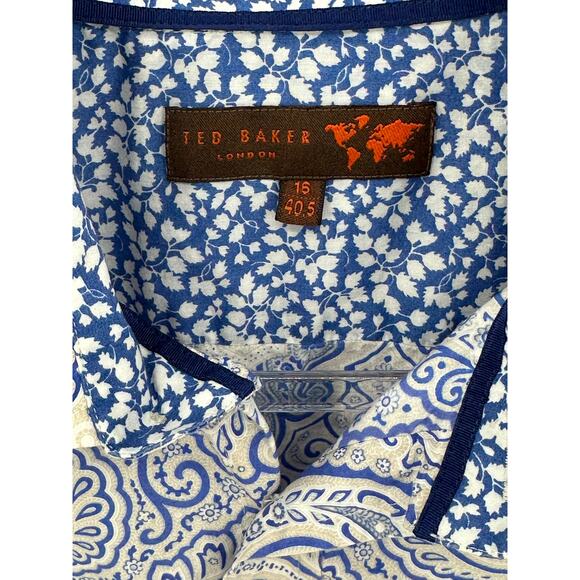 Ted‎ Baker Shirt Mens 16 40.5 Blue Geo Button Up 100% Cotton French Flip Cuffs - Picture 2 of 10